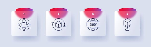 Metaverse set icon 3d modeling of objects Application Development Planet with vr text Arrow 360 degree viewing Virtual reality concept Glassmorphism style Vector line icon for Business