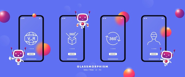 Metaverse set icon Application Development planet with vr text arrow 3d Augmented reality 360 degree view Virtual reality Ui phone app screen with robot Glassmorphism Vector line icon