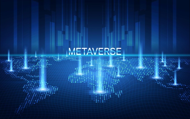 Metaverse, virtual reality, augmented reality and blockchain technology, user interface 3D experience. Word metaverse with world map globe in futuristic environment background.