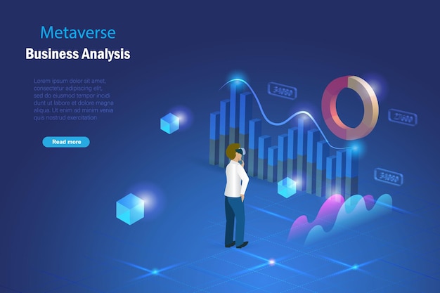 Metaverse in virtual reality business workplace visualisation Businessman use AI smart analysis analyze 3D graph chart on metaverse interface technology to develop better solution