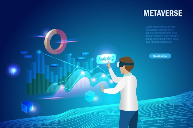 Метавселенная в визуализации рабочего места для бизнеса в виртуальной реальности Бизнесмен использует интеллектуальный анализ ИИ, анализирует трехмерную графическую диаграмму на технологии интерфейса метавселенной для разработки лучшего решения