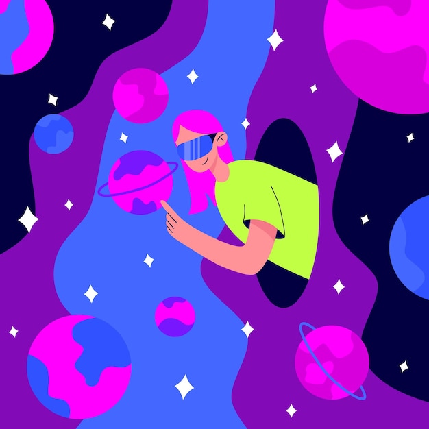 Metaverse or virtual reality concept woman in digital glasses flying in outer space among planets and stars modern technological entertainment cartoon colorful flat vector illustration