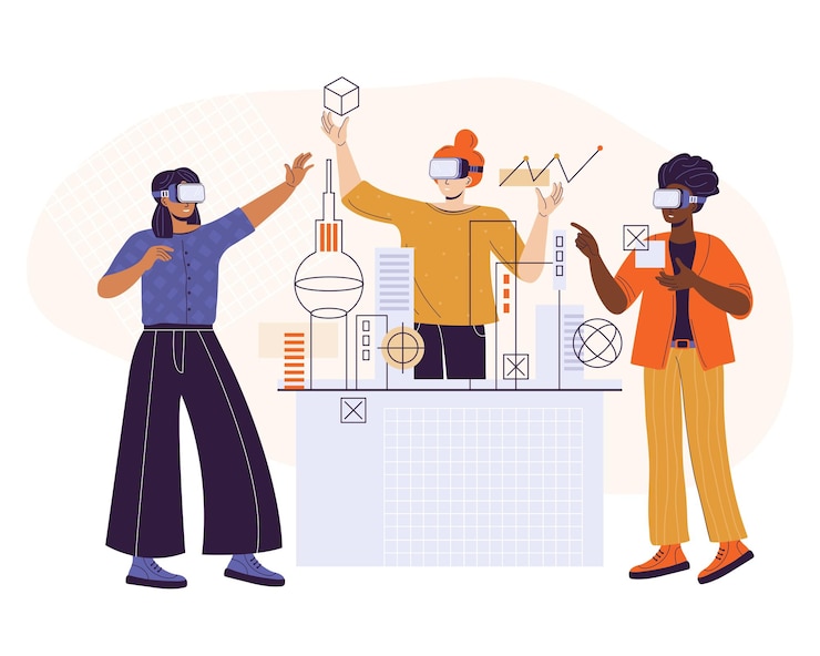 Vector metaverse virtual reality multicultural women's team working in vr headset engineers design houses