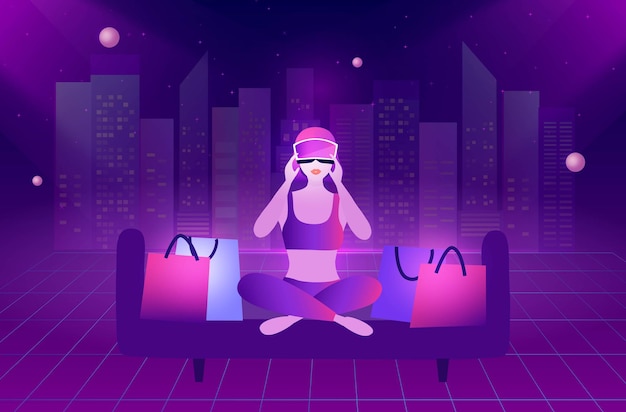 VR 고글을 착용한 메타버스 가상 현실 쇼핑 여성은 3d 쇼핑 경험이 있습니다.