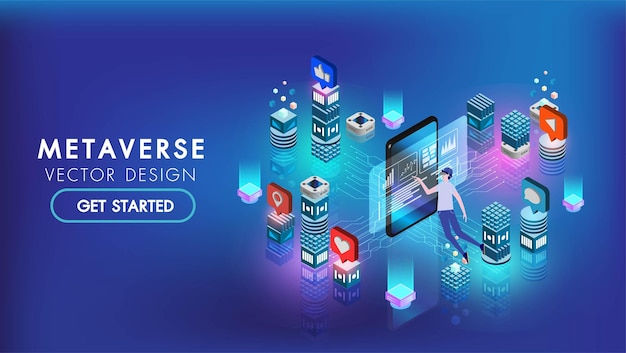 Metaverse vr flyer banner abstract technology background hitech communication concept technology digital business innovation science fiction scene vector illustration with copyspace