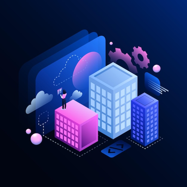 Metaworld 개발 그림 메타버스에 있는 3개의 다채로운 건물
