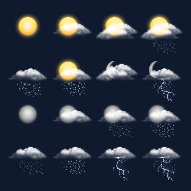 Meteo realistisch pictogram. wolken zon regen wind sneeuw vector weersymbolen