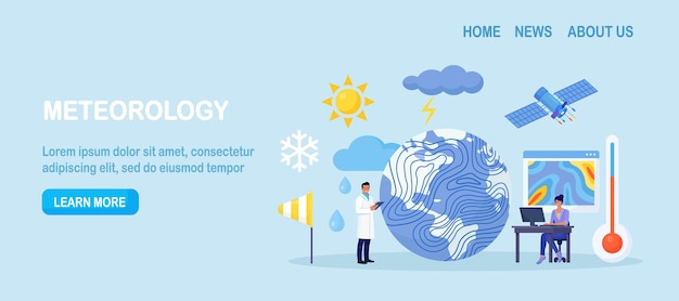 Vector meteorology geophysics science meteorologists studying researching climate condition weather forecaster predict weather with satellite service met station and space engineering planetary science