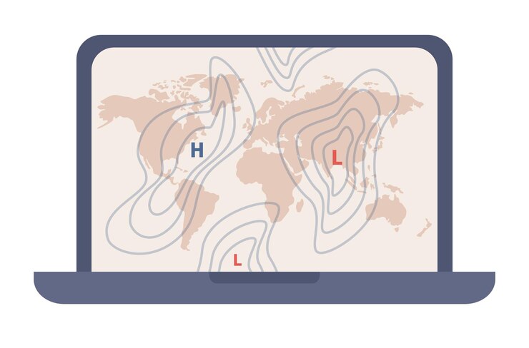 Vector meteorology science icon. world meteorological day. world weather map on laptop screen. weather