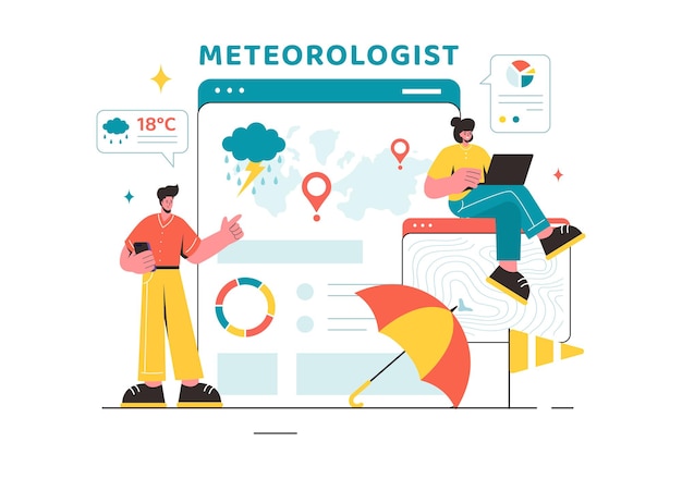Meteoroloog Vector illustratie met weersvoorspelling en atmosferische neerslag kaart in een platte stijl cartoon achtergrondontwerp
