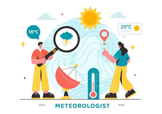 Meteoroloog Vector illustratie met weersvoorspelling en atmosferische neerslag kaart in een platte stijl cartoon achtergrondontwerp