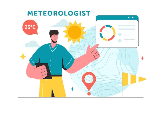 Meteoroloog Vector illustratie met weersvoorspelling en atmosferische neerslag kaart in een platte stijl cartoon achtergrondontwerp