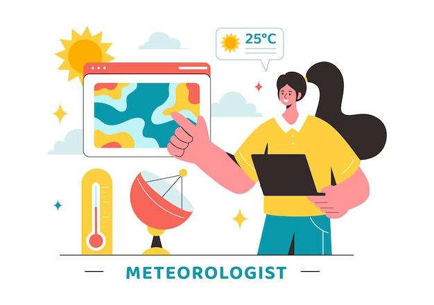 Meteoroloog Vector illustratie met weersvoorspelling en atmosferische neerslag kaart in een platte stijl cartoon achtergrondontwerp