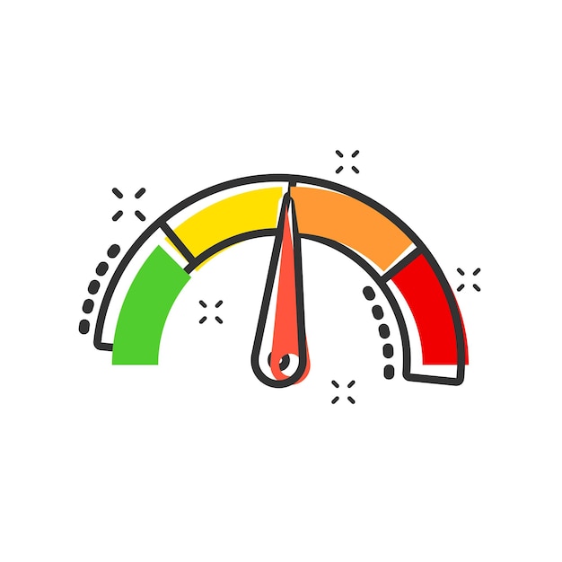 Meter dashboard icon in comic style Credit score indicator level vector cartoon illustration pictogram Gauges with measure scale business concept splash effect