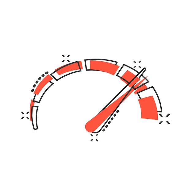 Вектор Иконка приборной панели счетчика в комическом стиле пиктограмма векторной карикатуры уровня индикатора кредитного рейтинга датчики с эффектом всплеска бизнес-концепции шкалы измерения