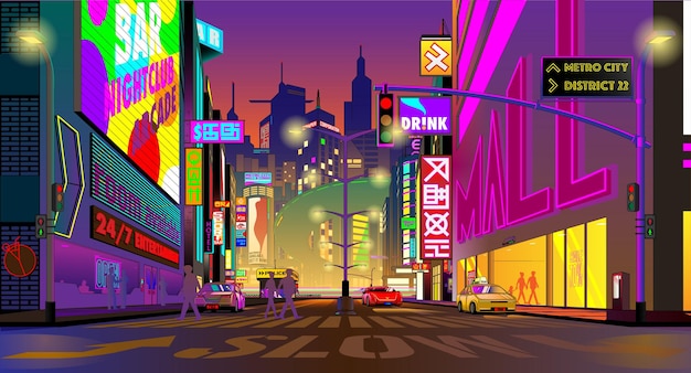 Vector metro city-illustratie op de middag in cyberpunk-stijl