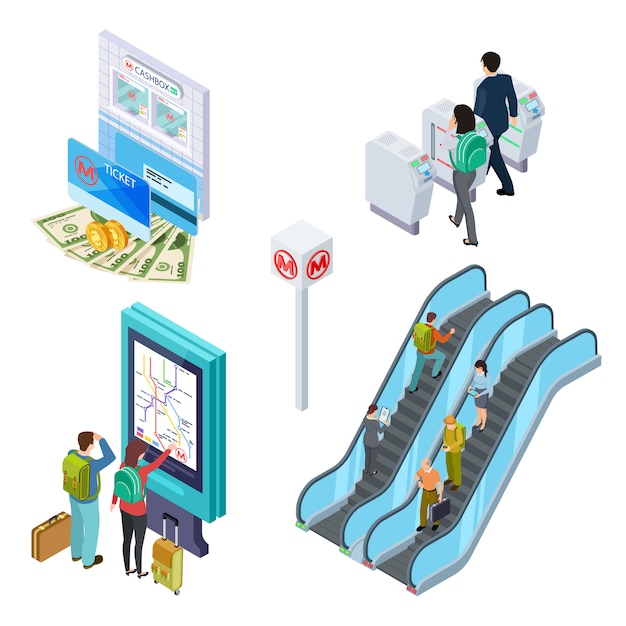 Metro elements. subway escalator, turnstile, info desk with people.  underground