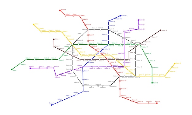 Vettore mappa della metropolitana con molte linee e stazioni colorate. modello di schema della metropolitana