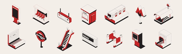 Metro set isometrische pictogrammen en geïsoleerde afbeeldingen van ticket barrières roltrappen navigatie-elementen en treinen vector illustratie