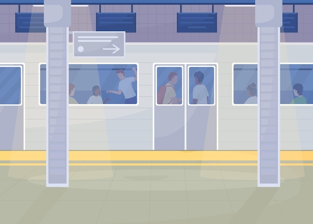Metro station with electric train flat color vector illustration