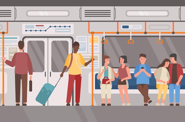 地下鉄、地下鉄、公共交通機関のフラットベクトルイラスト。地下の鉄道車両の内部、郊外の電車の人々。男性と女性の乗客、通勤者の漫画のキャラクター。