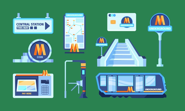 Vector metro system urban city subway elements train baggage passengers metropolitan rails transport metro bus stairs turnsite garish vector flat illustrations