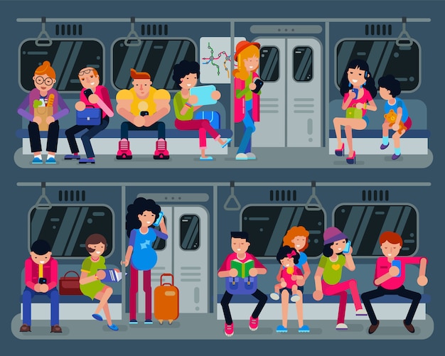 Metro vector mensen in de metro en passagiers in de ondergrondse met stedelijk openbaar vervoer