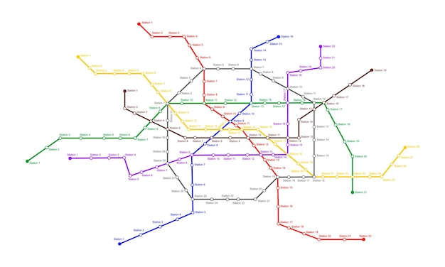 Vector metrokaart met veel gekleurde lijnen en stations metroschema-sjabloon