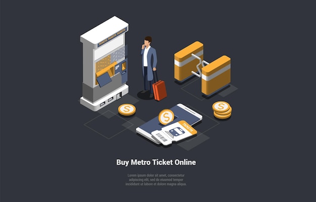 Metrokaartje Online kopen Concept Passagier koopt kaartje bij automaat of kaartjesautomaat Verkoopjongen bij metropoort Automatische checkpoint die ondergrondse isometrische 3d vectorillustratie binnengaat