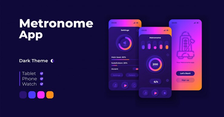 Vector metronome application cartoon smartphone interface templates set. mobile app screen page night mode design. volume and bpm parameters ui for application. phone display with flat character.