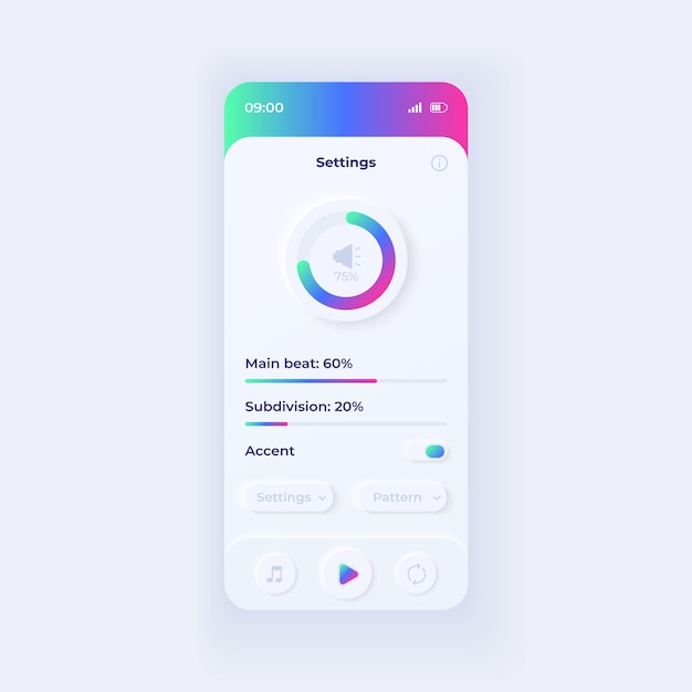 Шаблон вектора интерфейса смартфона настроек приложения метроном. Макет светового дизайна страницы мобильного приложения. Экран настройки параметров. Плоский интерфейс для приложения. Объем и количество ударов в минуту на дисплее телефона.