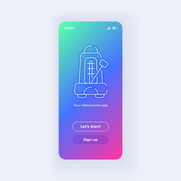 Metronome application smartphone interface vector template. mobile app page light design layout. welcome page, log in screen. flat ui for application. start and sign up buttons on phone display