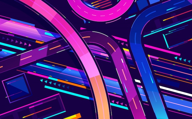 Vector metropolis night freeway neon colors, top view cartoon vector