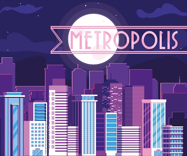 Metropolis stadsgezicht gebouwen met paarse hemel