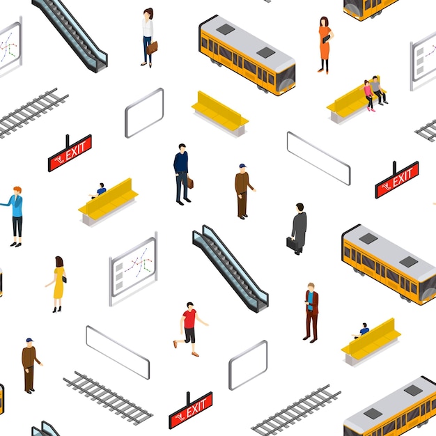 Metrostation naadloze patroon achtergrond isometrische weergave passagiers mensen platform en trein vectorillustratie van metro openbaar ondergronds vervoer