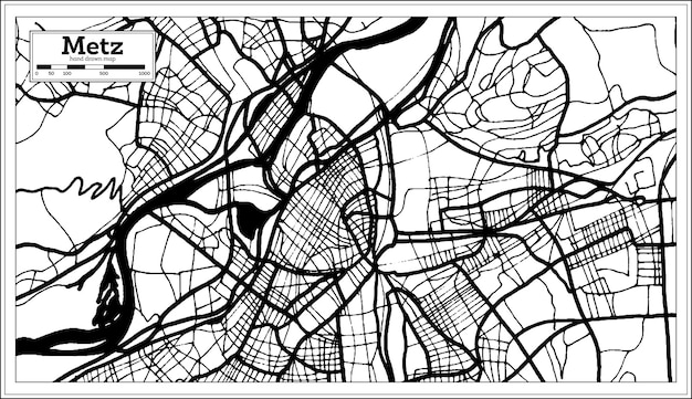 복고 스타일 개요 지도에서 흑백 색상의 메츠 프랑스 도시 지도