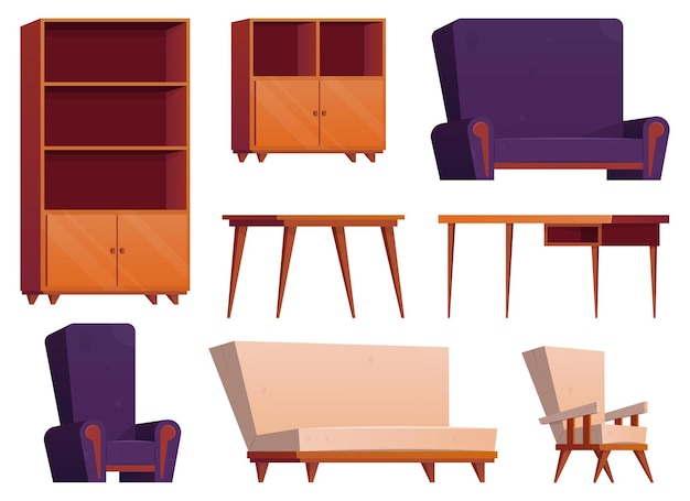 Meubels in cartoon-stijl Verzameling van houten kledingkast stoel tafel bureau en fauteuil vectorillustratie geïsoleerd op wit