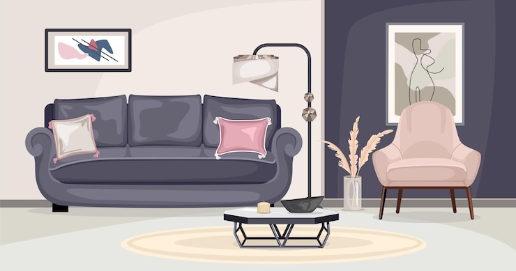Vector meubels interieur compositie met uitzicht op woonkamer met fauteuil en schilderijen op kleurrijke muren illustratie