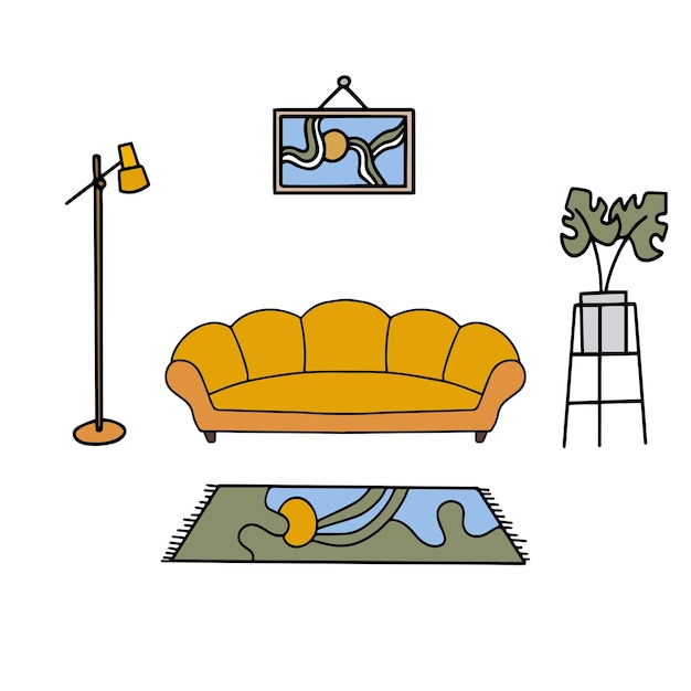 Meubels sofa lamp tapijt schilderij Het interieur van de woonkamer Vector illustratie in een vlakke stijl