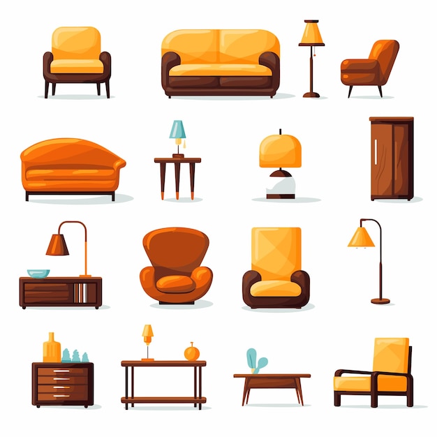 Meubels voor het huis pictogrammen set Leunstoel bank stoel etc Vector illustratie