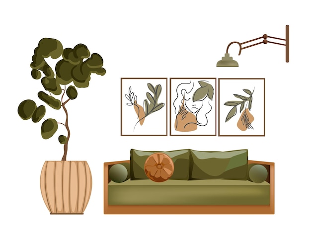Vector meubels voor het interieur boho-stijl groene bankpot met bloemendump en schilderijen geïsoleerde objecten