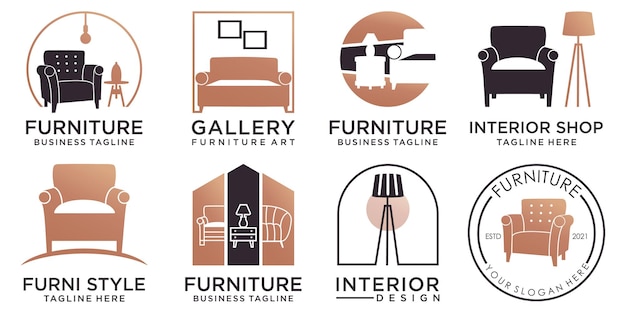 Meubilair icon set logo ontwerp inspiratie. vectorillustratie van stoel, tafel en decoratieve lamp