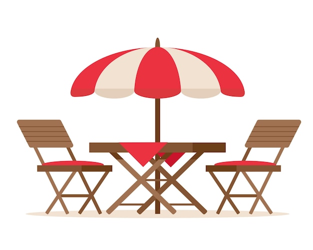 Meubilair voor zomervakantie op het terras restaurant of café houten tafel met stoelen en parasol