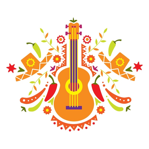 メキシア、ギターと食べ物のさまざまな要素、ベクトルイラストフラットスタイルの周りの花