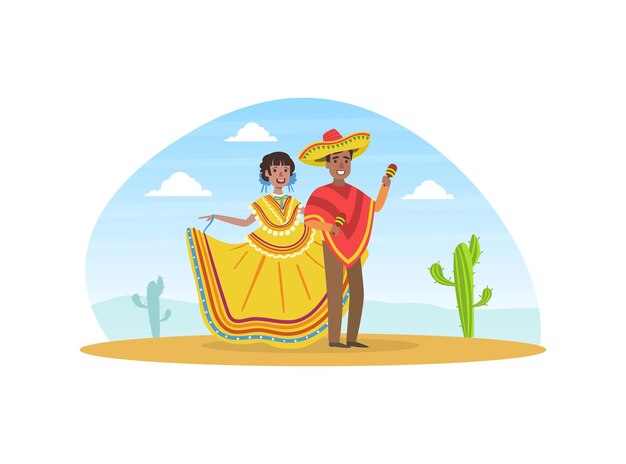 Vector mexicaans echtpaar in nationale traditionele kleding staat op een woestijnlandschap vectorillustratie