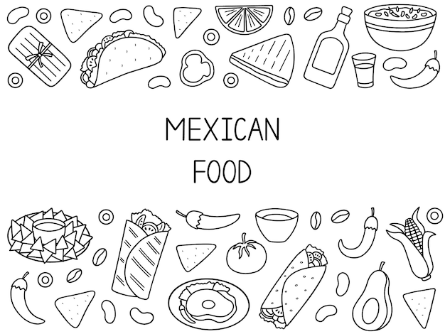 Mexicaans eten doodle set Mexicaanse keuken Burrito taco nacho's in schetsstijl