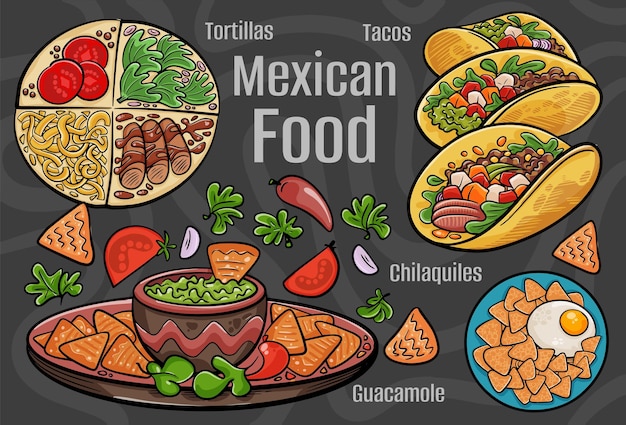 Mexicaans eten Een set van klassieke gerechten Cartoon hand getekende illustratie