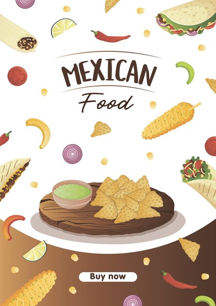 Mexicaans eten flyer A4 met taco's, burrito's, tamales, quesadilla, empanadas, elotes en nacho's, Banner, gezonde voeding, kookmenu, voedselconcept