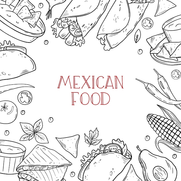 Mexicaans eten frame. keuken mexicaans. Lineaire afbeeldingen. Hand getrokken schets vector schets