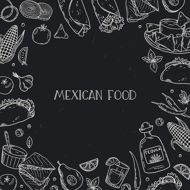 Mexicaans eten frame op zwarte achtergrond. keuken mexicaans. Lineaire afbeeldingen. Hand getrokken schets